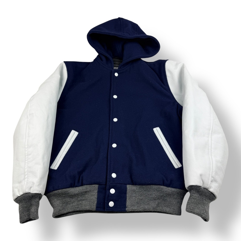 Stewart Strauss Mens Hooded Varsity Jacket Navy Blue Wool Leather Sleeves Size M